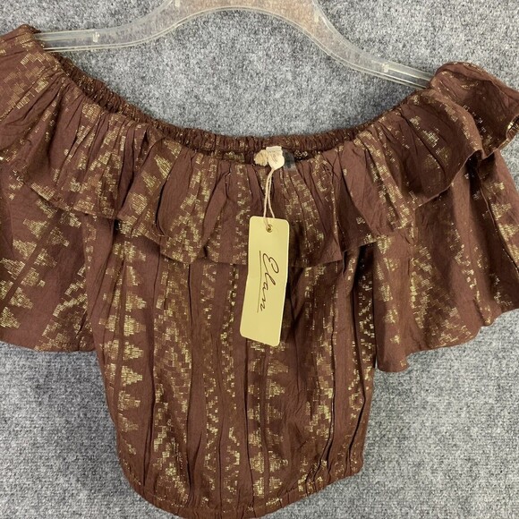 Elan Crop Top Women M Elastic Neck and Hem Short Flare Sleeve Brown Gold - Picture 5 of 11